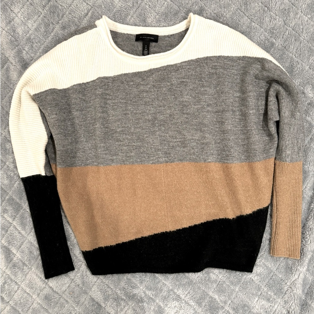 H HALSTON Colorblock Dolman Long Sleeve Pullover Sweater | S | Camel Heather